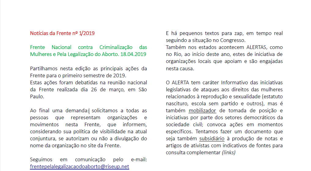 Boletim: Notícias da Frente nº 1/2019